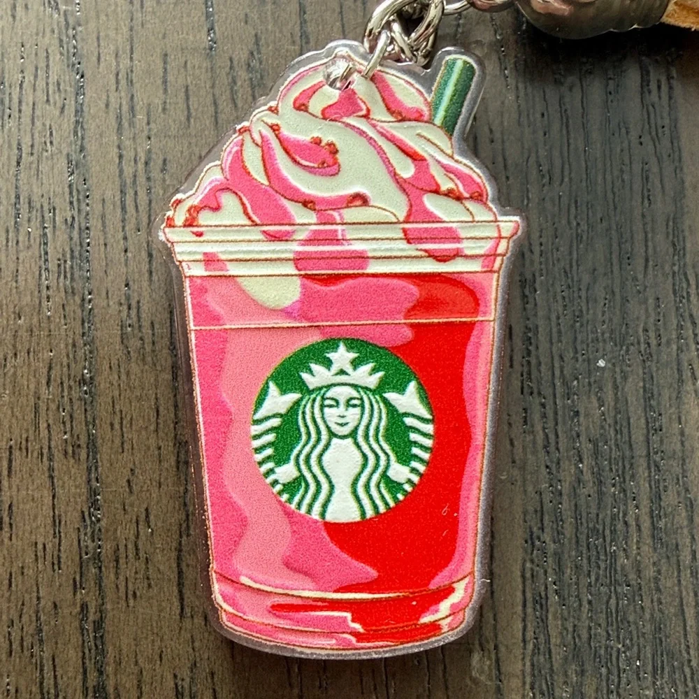 Starbucks inspired Pink Red and White Frappuccino Keychain with red tassle